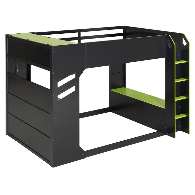 Full Size Loft Bed for Esports, Work with Built-in Adjustable Desk, Hidden Storage Headboard, RGB Light Strips and Hanging Rod