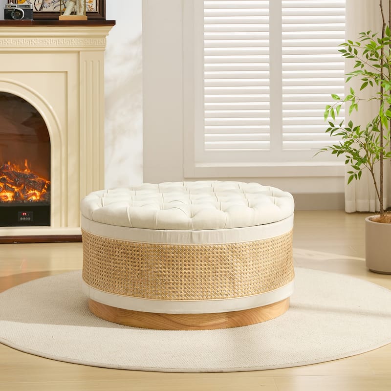 Linen & Rattan Round Storage Ottoman, Button-tufted Upholstery