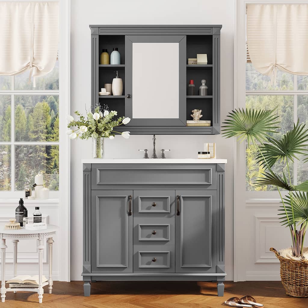 GDFStudio - Marwood Modern Bathroom Vanity Set with Ceramic Sink and Mirror Cabinet with 2 Soft Closing Doors & Drawers - 35.9'W