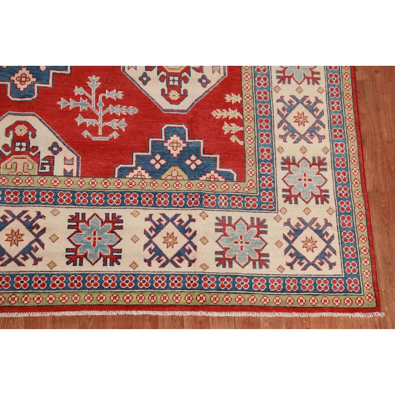 Hand Knotted Oriental 100% Wool Carpet Traditional Geometric Red Kazak Area Rug - 9' 8'' X 7' 11''