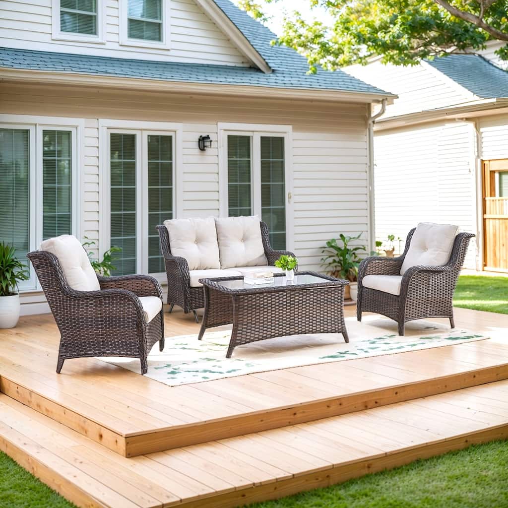 Patio Loveseat Glider Sofa with 2 Club Chair and Coffee Table - Beige cushion - Brown