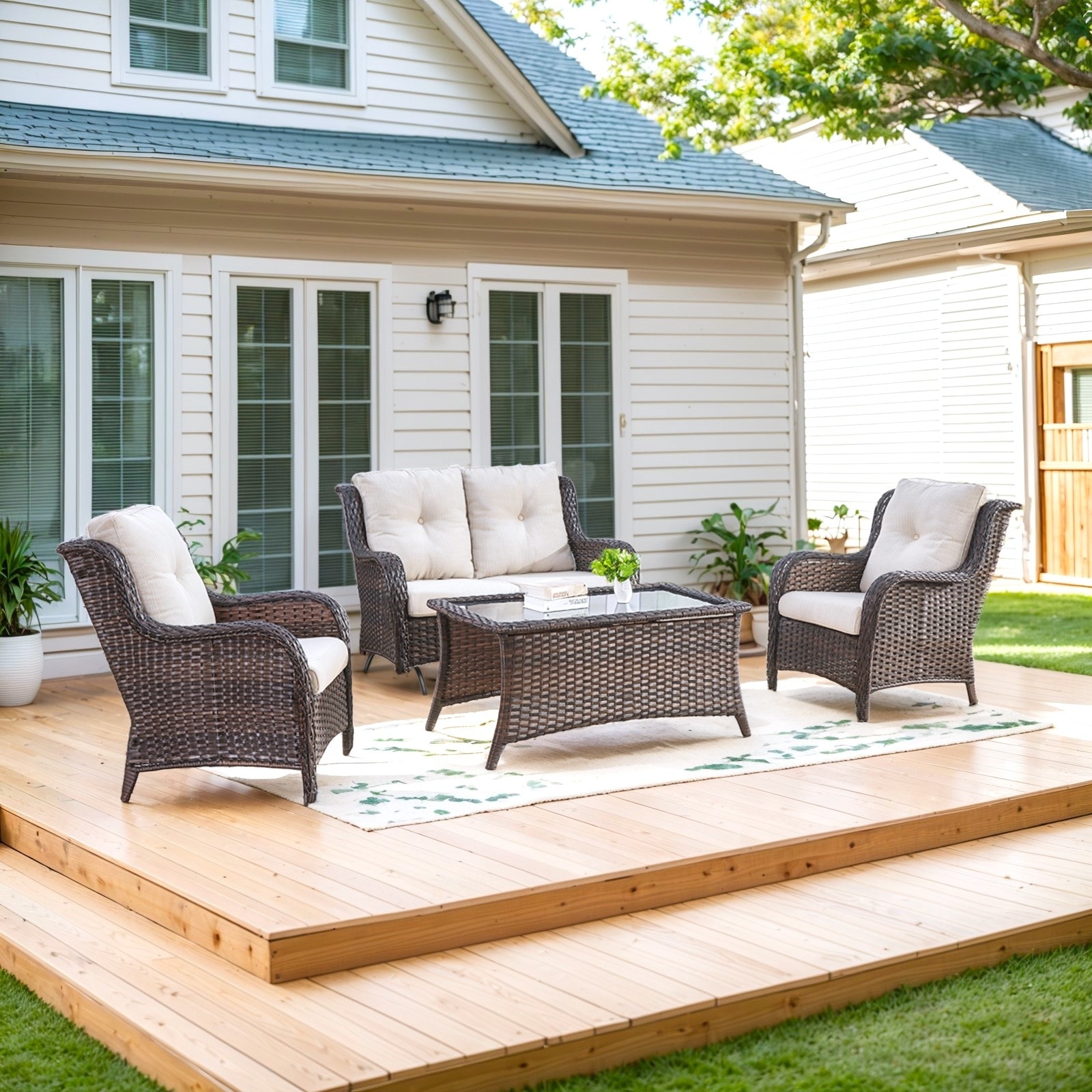 Patio Loveseat Glider Sofa with 2 Club Chair and Coffee Table - Beige cushion - Brown