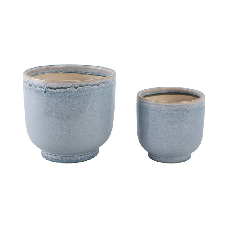 Stoneware Planters Drainage Holes and Glossy Glazed Finish (Set of 2) - 8" x 8" x 7" - Blue