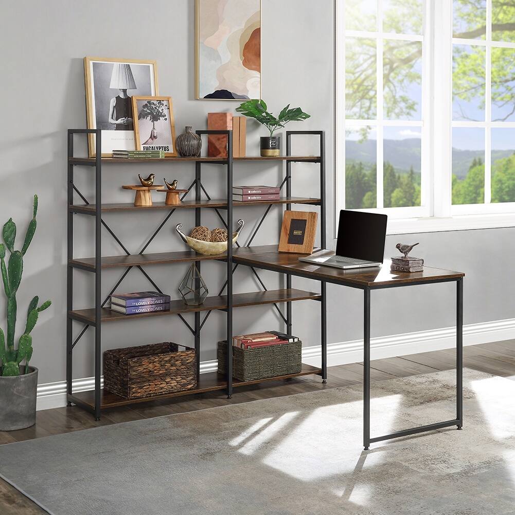 Large Computer Desk with 5-tier Shelves, Office Desk with Bookcase