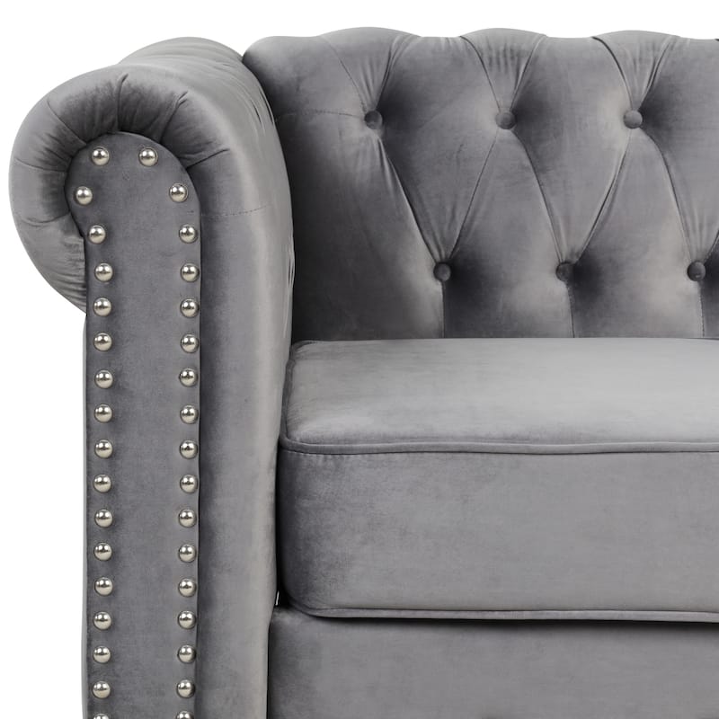 Morden Fort Velvet Upholstered Chesterfield Sofa with Nailhead and Solid Legs for Living Room