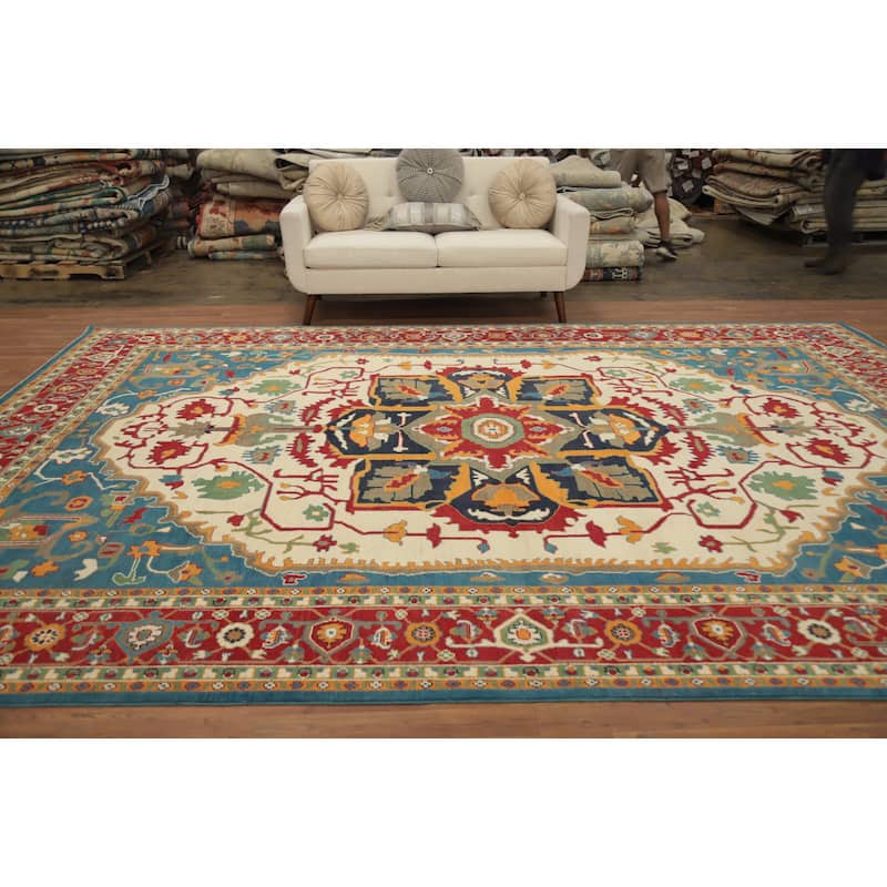 Hand Knotted Oriental 100% Wool Carpet Traditional Medallion Beige & Ivories Heriz (serapi) Area Rug - 13' 10'' X 9' 7''