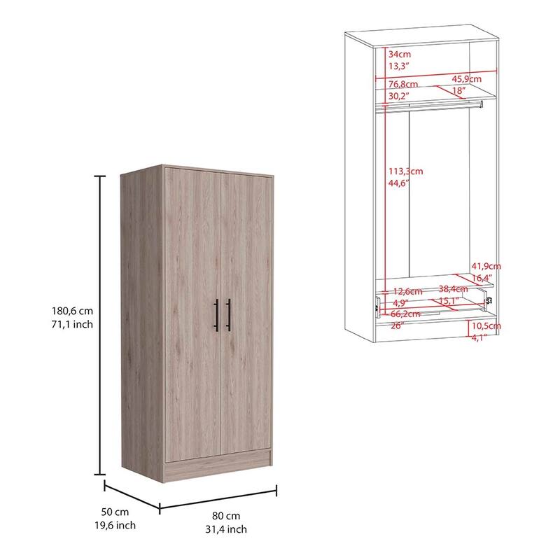 19.69" Modern Double-door Armoire with Hanging Rod, Spacious Top Shelf and Bottom Drawer
