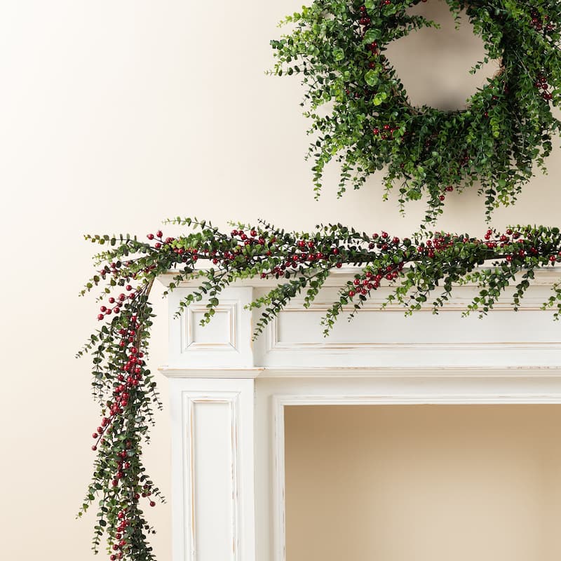 Glitzhome 9ft/6ft Christmas Greenery PE Dripping Eucalyptus Garland & 28"D Wreath with Red Berries
