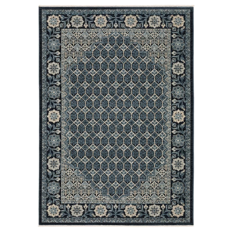 Style Haven Caiden Traditional Mosaic Center Area Rug - Deep Blue/ Ivory - 6' 7" x 9' 6" - Rectangle