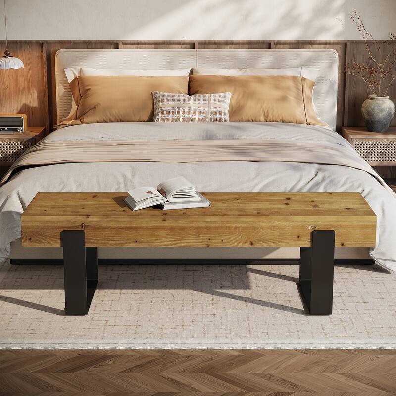 63" Solid Wood Bed Bench with Metal Legs, Farmhouse Multi-Use Bench - N/A