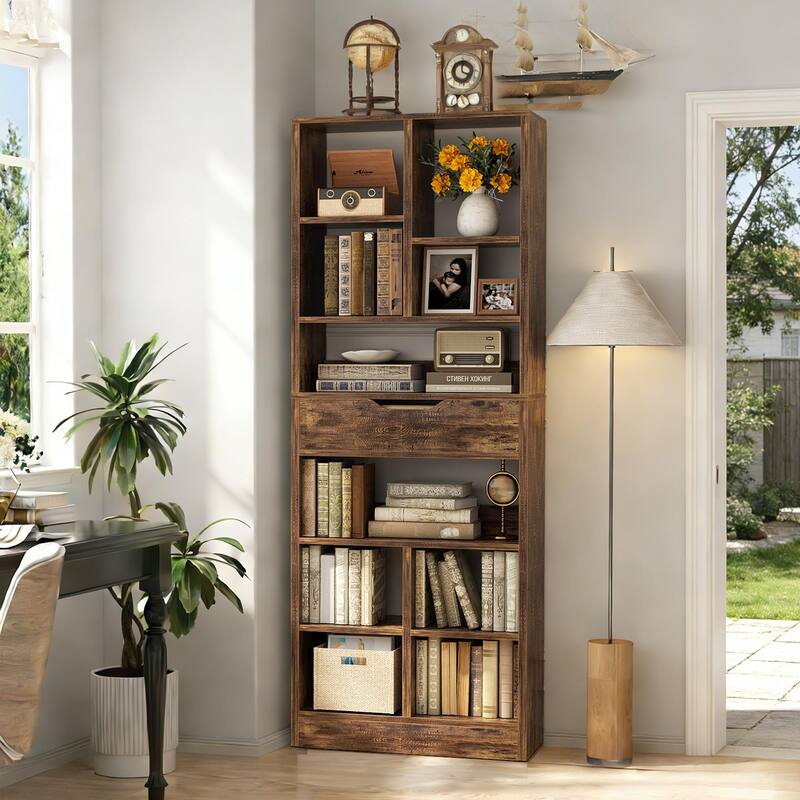 Freestanding 74" Tall Bookcase with Drawer,8-Tier Bookshelf Open Display Shelves for Living Room Home Office, Bedroom - Rustic Brown
