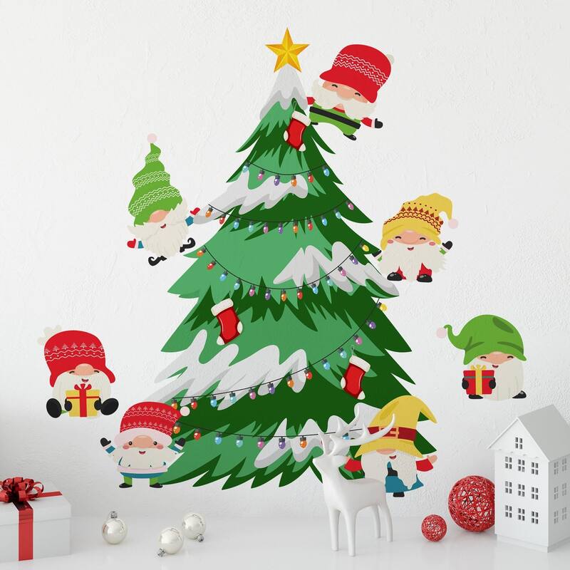 Walplus 7pcs Xmas Tomte Gnome Tree Christmas Wall Decals Stickers Self
