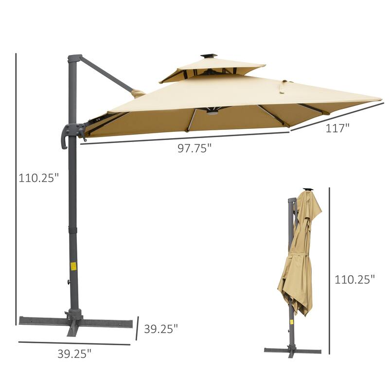 Cantilever Patio Umbrella 2 Tops Outdoor Umbrella with LED Light and Power Bank 360° Rotation Cross Base for Garden