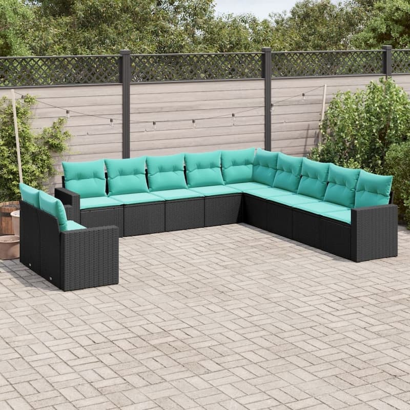 vidaXL 11/12 Piece Patio Sofa Set with Cushions Black Poly Rattan - 24.4" x 24.4" x 27.2" - Black and blue-Without table