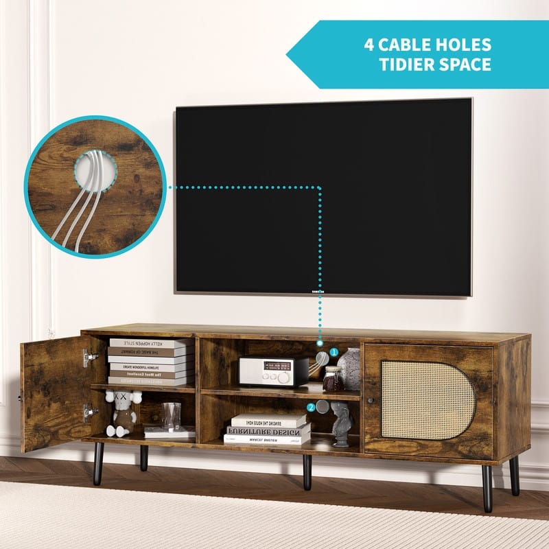 Mixoy Boho TV Stand for TV up to 65",Entertainment Center with Storage Cabinets,Shelf and Rattan Decorative Doors - 55 inches