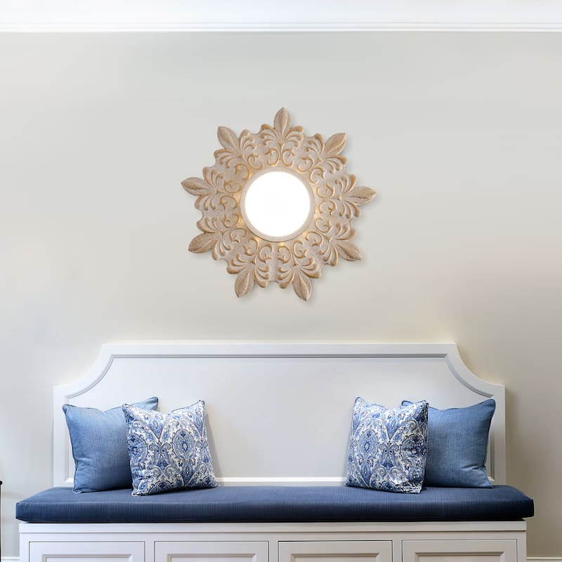 Boho 21.6-Inch Distressed White Wood Flush Mount Ceiling Light, 3CCT Dimmable - 21.6 in. D x 21.6 in. W x 3 in. H
