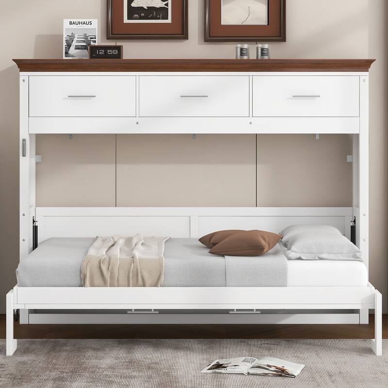Space-Saving Twin Murphy Bed with 3 Drawers & Storage Shelf, White