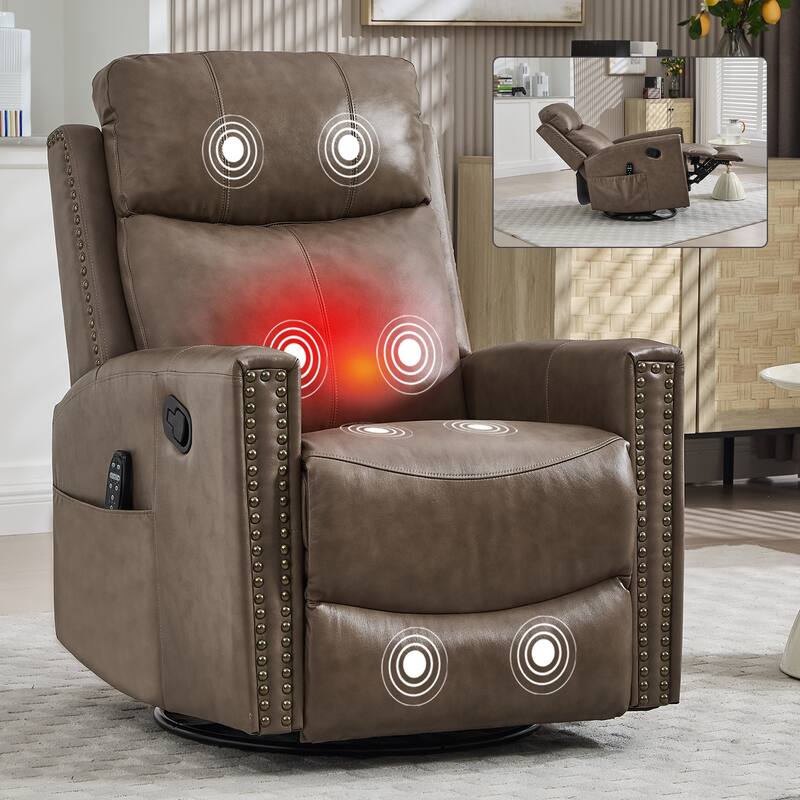 Roomfitters Genuine Leather Swivel Rocker Recliner, Manual Massage Glider with Heat and Top Grain Cowhide, Living Room