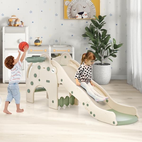 4-in-1 Green-White Cute Elephant Shape Kids Play Slide Ideal for 