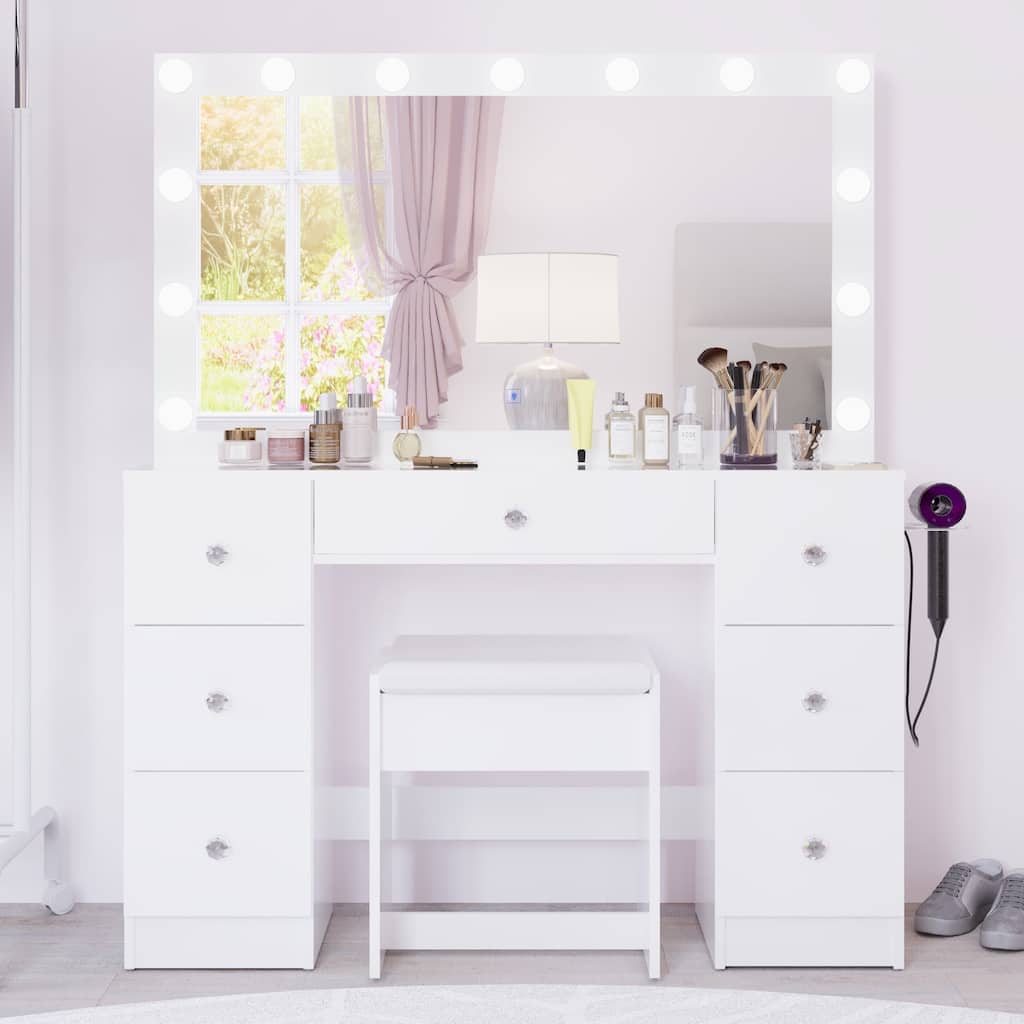 Modern White Makeup Vanity Desk with 13 Dimmable Lights, Glass Top, USB-A & USB-C, 7 Drawers, Hair Dryer Holder, and Stool