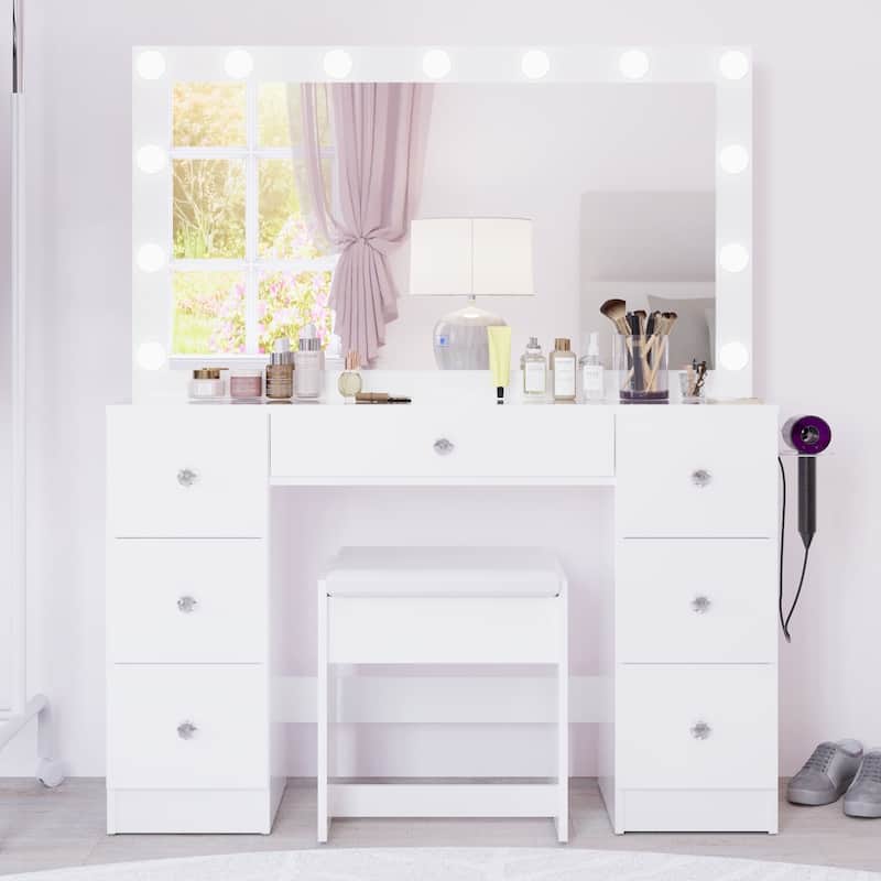 Modern White Makeup Vanity Desk with 13 Dimmable Lights, Glass Top, USB-A & USB-C, 7 Drawers, Hair Dryer Holder, and Stool