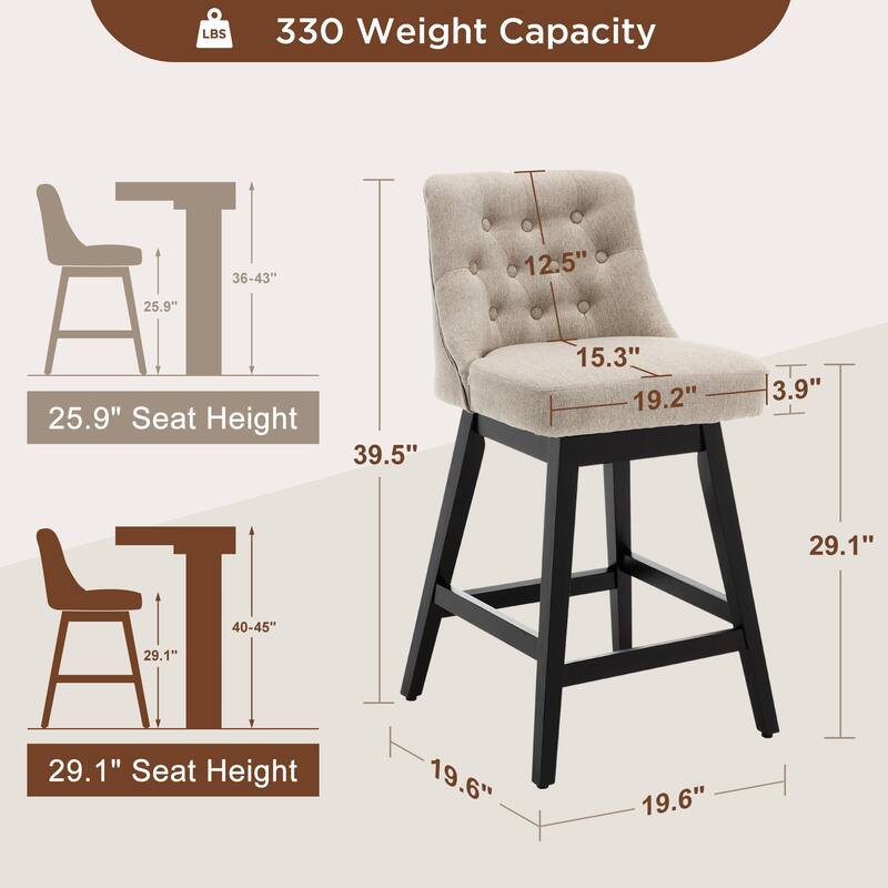 26"/29" Upholstered Swivel Counter and Bar Height Stools Solid Wood Frame (Set of 2)