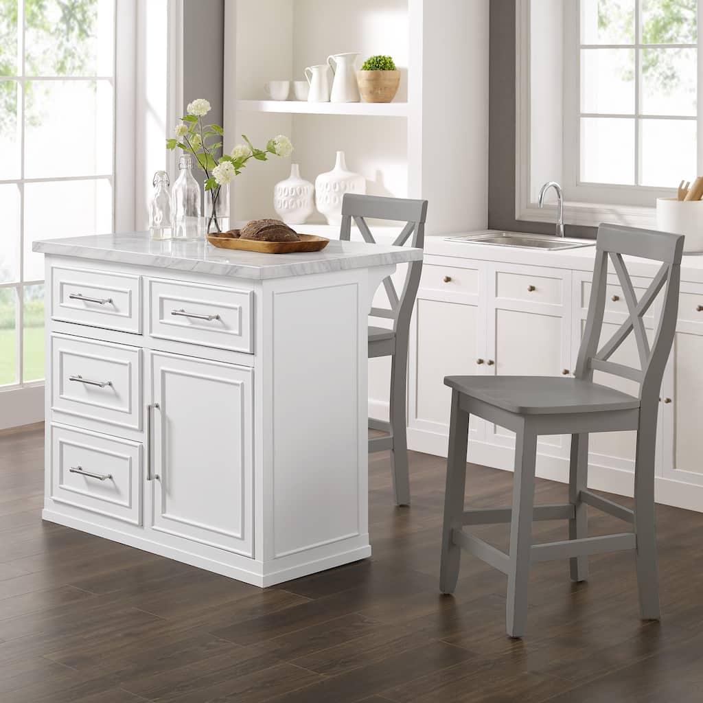 Crosley Cutler Faux Marble Top Kitchen Island W/X-Back Stools - 56"d x 42"w x 41"h
