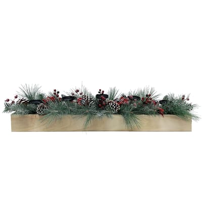 42-inch 5-Candle Holder Centerpiece with Frosted Pine Branches, Red Berries, Plaid Bows and Pinecones in Wooden Box - 3.5 Foot