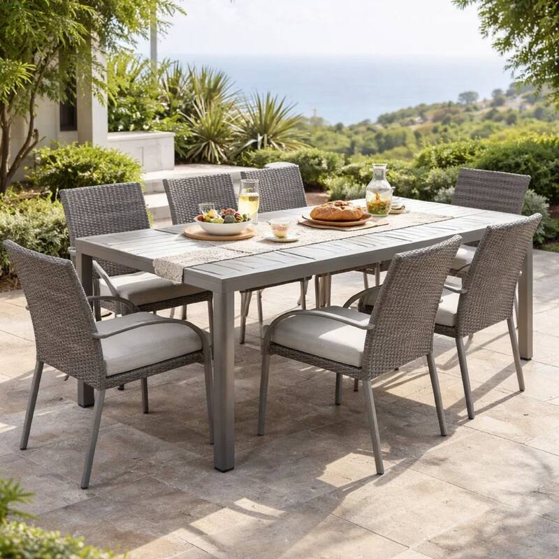 Fifi 71 Inch Outdoor Dining Table, White Polyresin Top, Gray Aluminum Frame