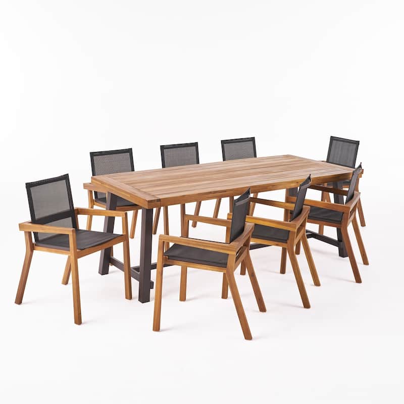 Beachview Outdoor 8 Seater Acacia Wood Dining Set by Christopher Knight Home - Teak+Black