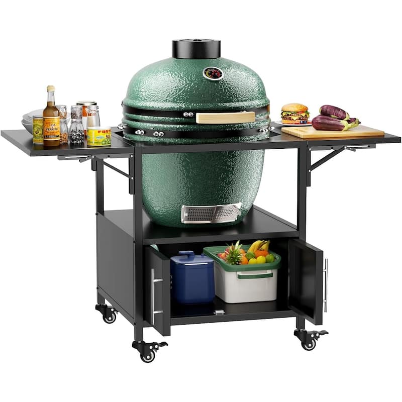 Outdoor Grill Table for Big Green Egg Style BBQ, Metal Grill Cart with 2 Folding Panels, Compatible with up to Large Green Egg
