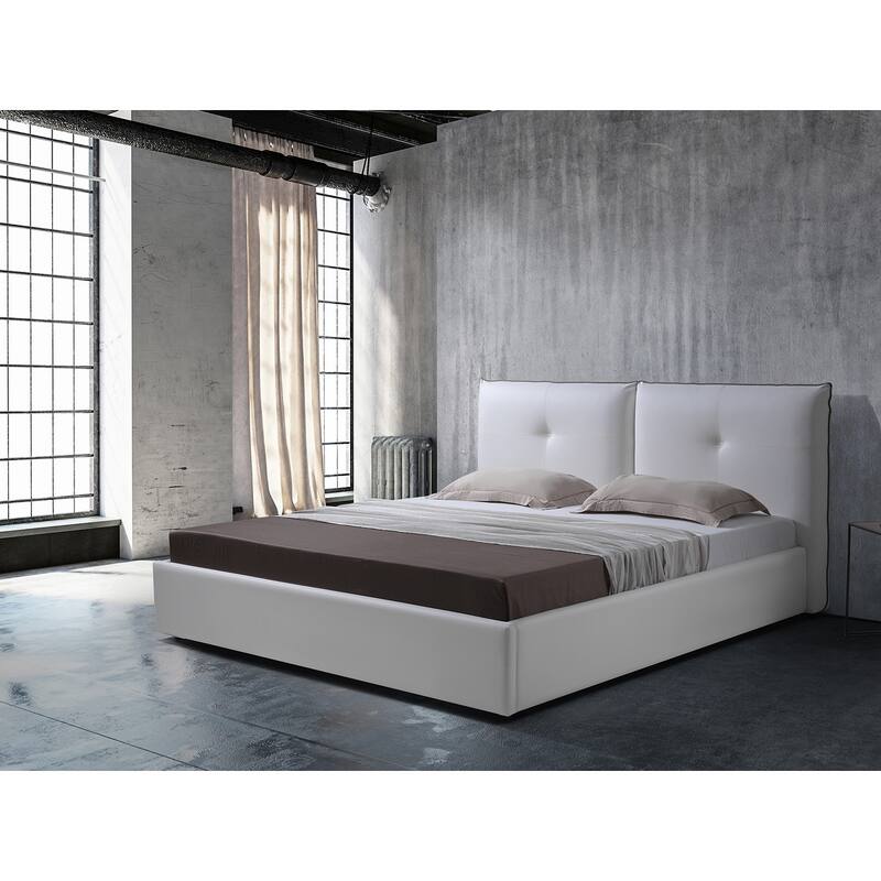 ARIA King in white pu-leather with taupe pu piping and storage.