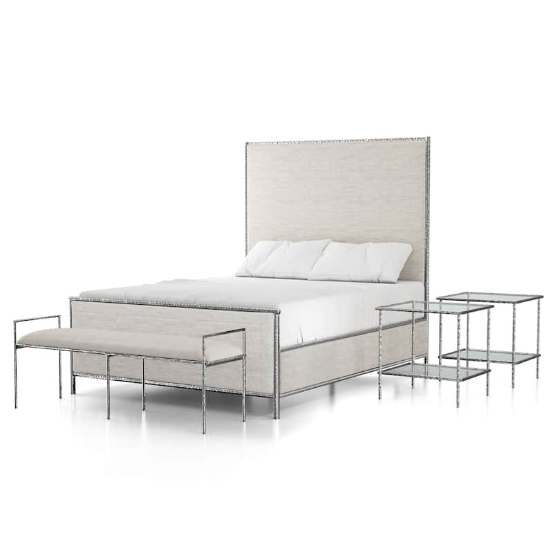 Furniture of America Zayen Modern 4-Piece Queen Size Hammered Metal Platform Bedroom Set with 2 Nightstands and Bench - Silver