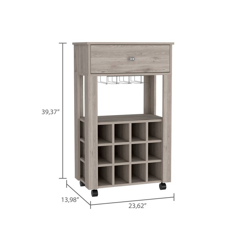 Memphis Bar cart, Twelve Built-in Wine Rack, Four Legs, One Open Shelf -Light Gray