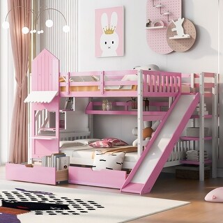 Castle Style Bunk Bed with 2 Drawers 3 Shelves and Slide