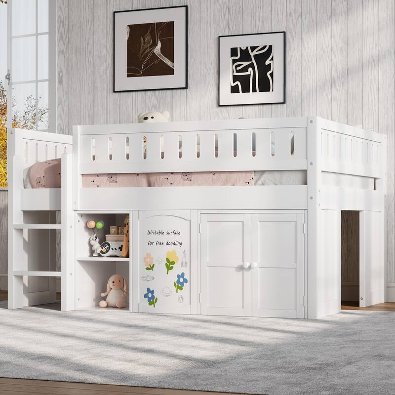 Wooden Full Size Loft Bed with Double-Door Storage Cabinet, Open Shelves and Chalkboard Panel