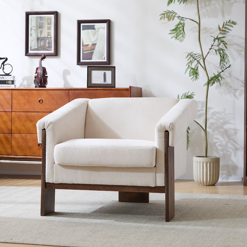 34" Mid-Century Modern Accent Chair w/ Deep Cushions & Wide Armrests - Ideal for Living Room Bedroom Office - Beige