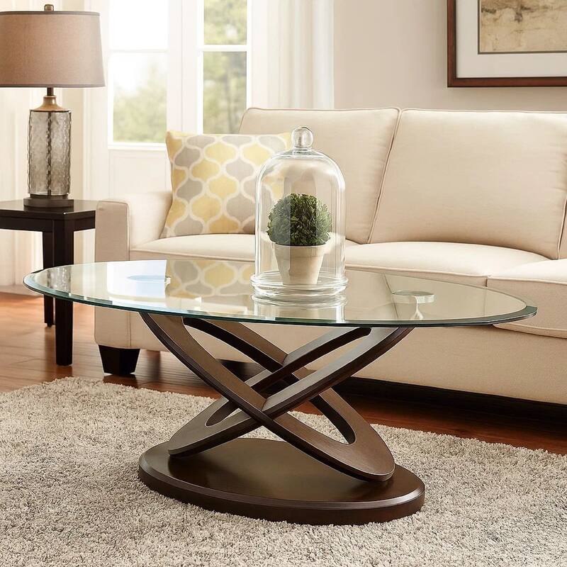 Oval Glass Top Coffee Table with Cross Oval Base, Brown and Clear