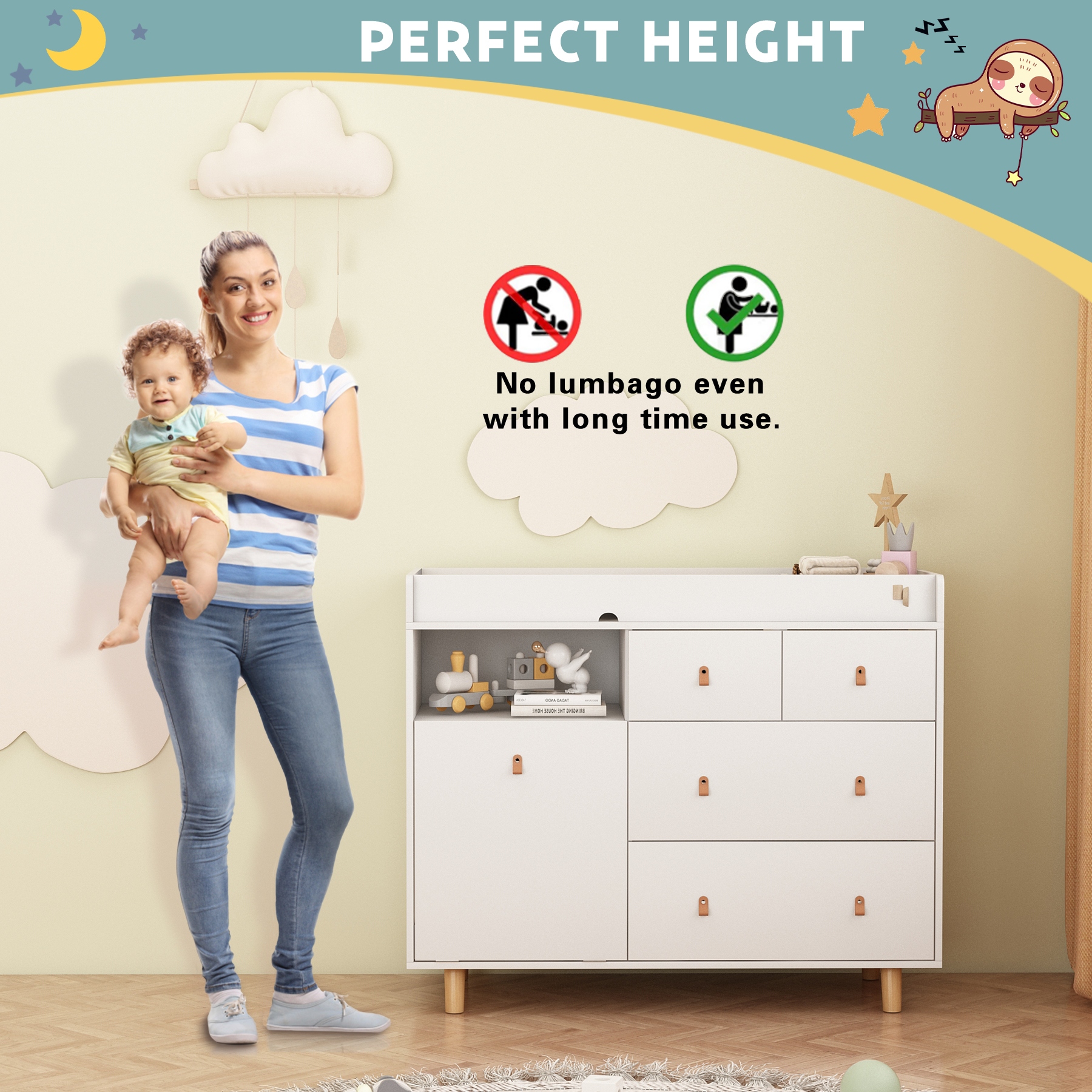 Wood Nursery Baby Dresser White Bedroom Dresser with 5 Drawers 38H