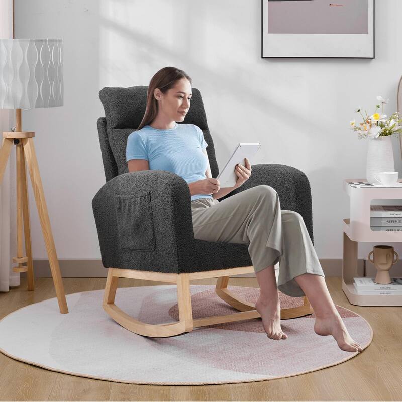 Dark Grey Polyester Wood Rocking Chair with High Back and Side Pocket - 35.43” D x 25.98” W x 40.94” H