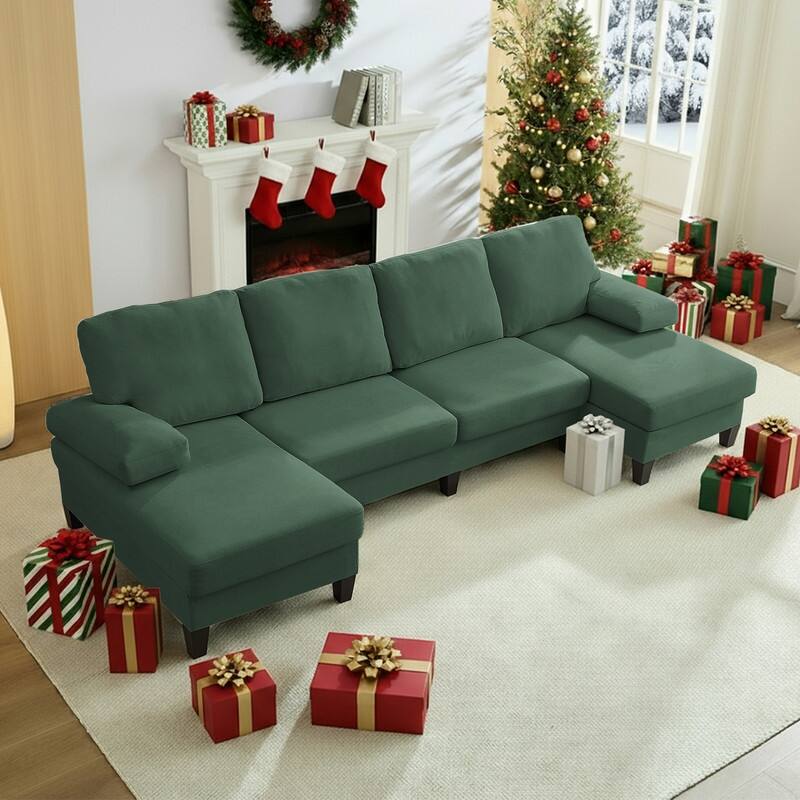 Mixoy W110"Velvet U-Shaped Sectional Sofa Couches,Upholstered 4-Seater Sofa with Double Chaises and Sleepable Armrest - Green - Symmetrical