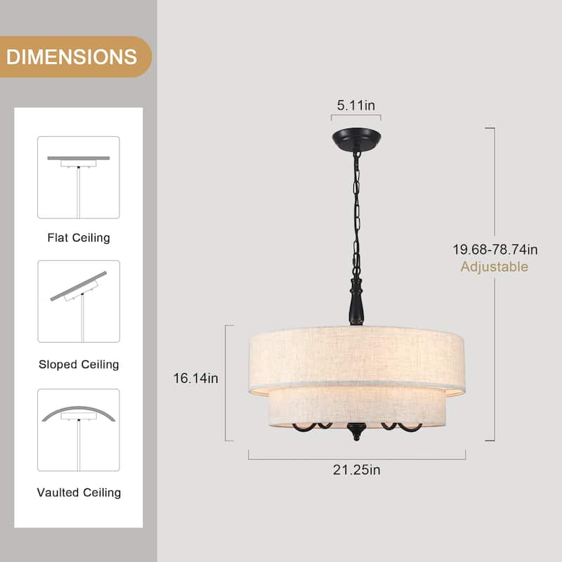 21.25-inch 5-light elegant retro metal chandelier with double-layer fabric lampshade and adjustable height