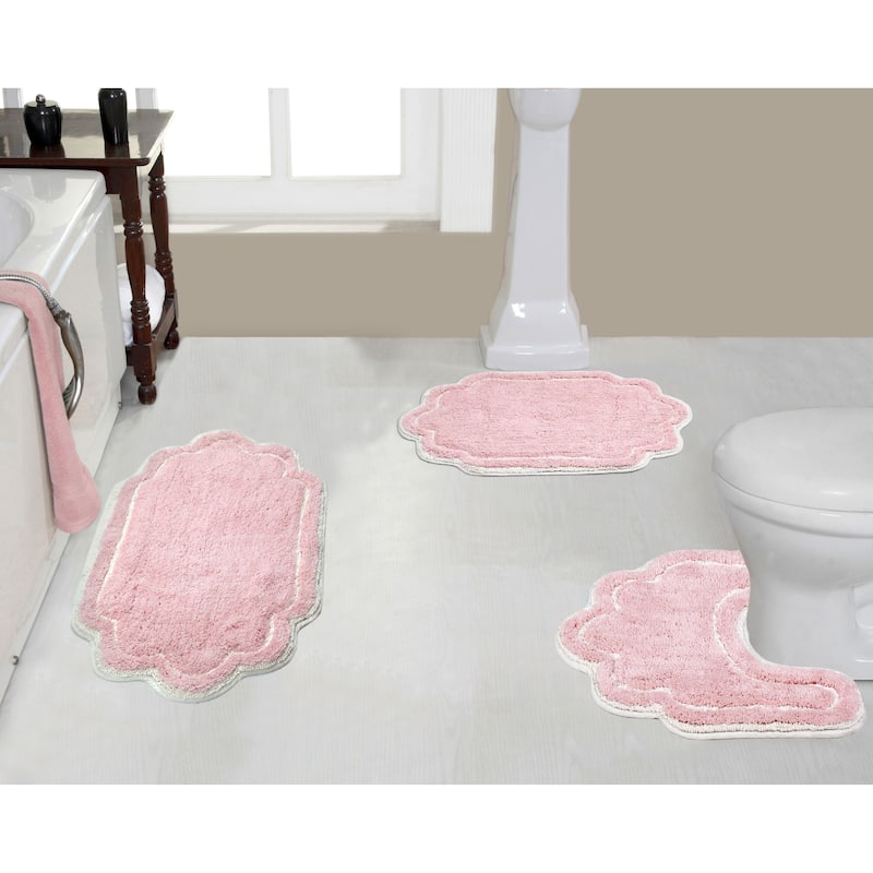 Allure Collection 100% Cotton Non-Slip Bathroom Rug Set, 3 Piece Machine Washable- Bathroom Rug, Bath Rug, U Shaped Contour - Pink