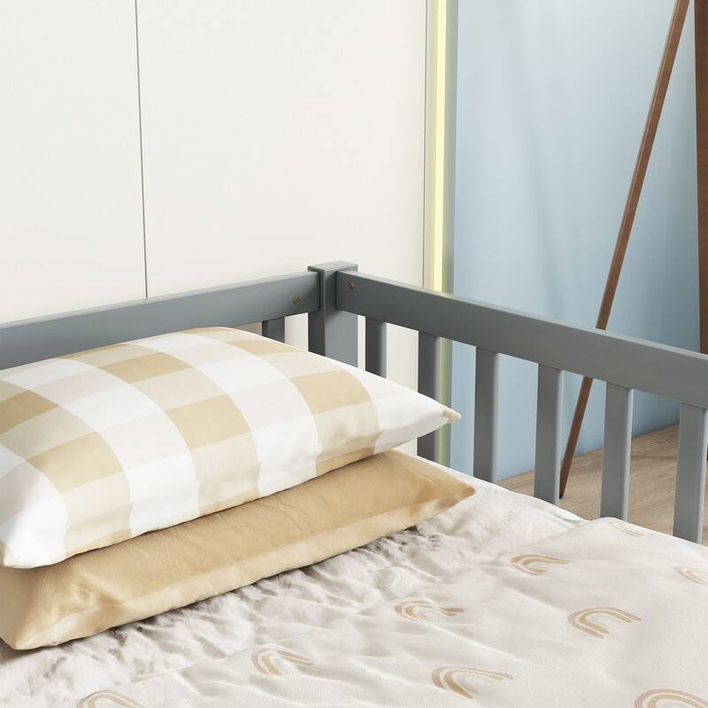 Twin Size Wood Double Floor Bed with Guardrails For Toddlers