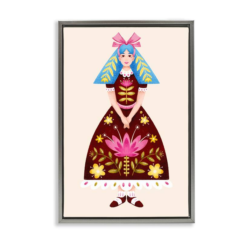 Stupell Blue Haired Folk Girl Framed Floater Canvas Wall Art Design By Hannah Moren - 21 x 31 - Grey