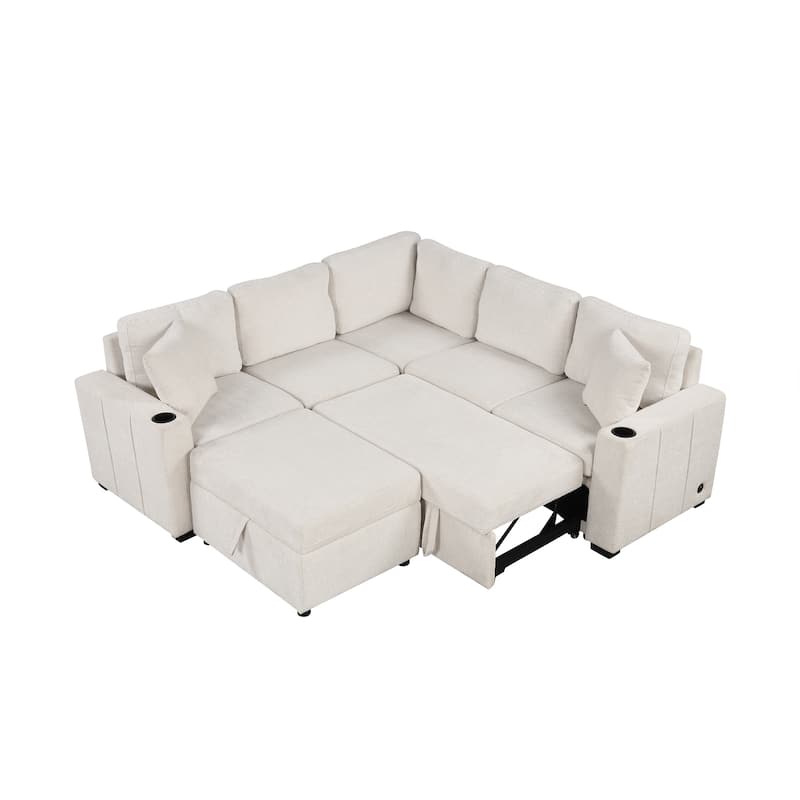84.7" Chenille Modular Sectional Sofa with Pull-Out Sleeper, Storage Ottoman & USB Ports - Convertible U/L-Shaped Design
