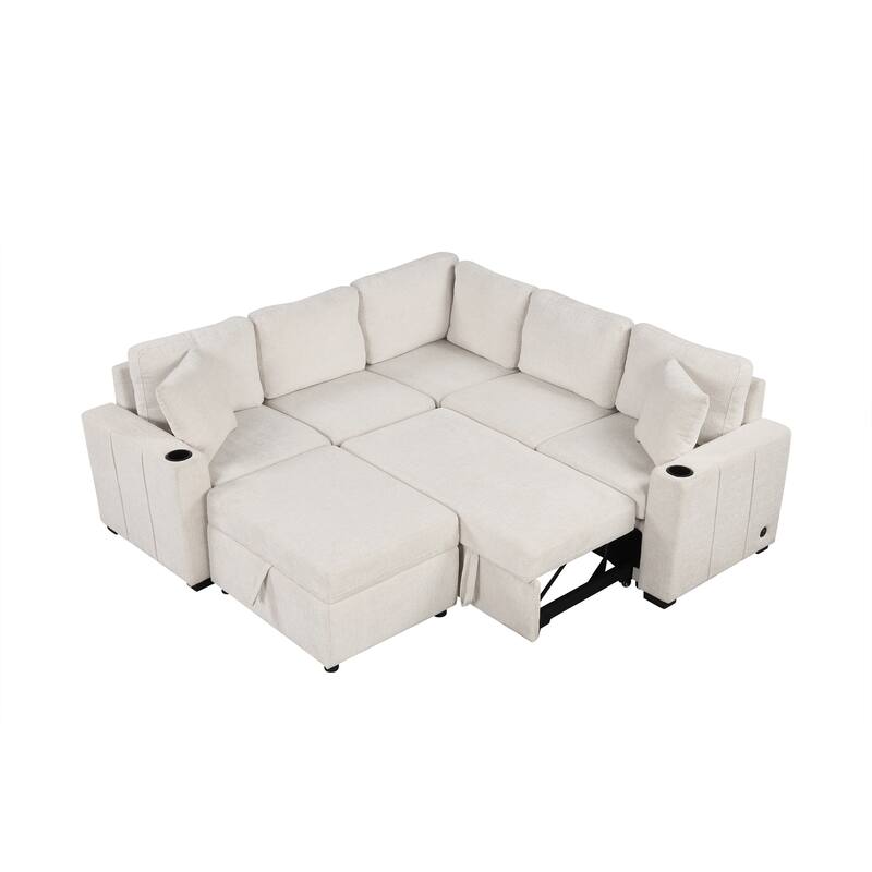 Convertible Sectional Sofa with Pull-out Sofa Bed and Dual Cup Holders