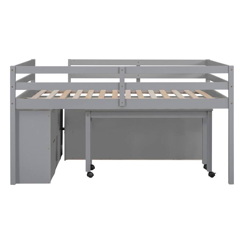 Full Size Loft Bed with Retractable Writing Desk and 4 Drawers