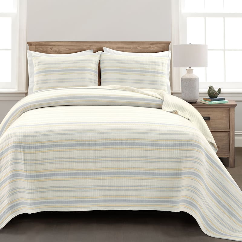 Lush Decor Solange Stripe Kantha Pick Stitch Yarn Dyed Cotton Woven 3 Piece Quilt/Coverlet Set - Yellow & Gray - Full - Queen