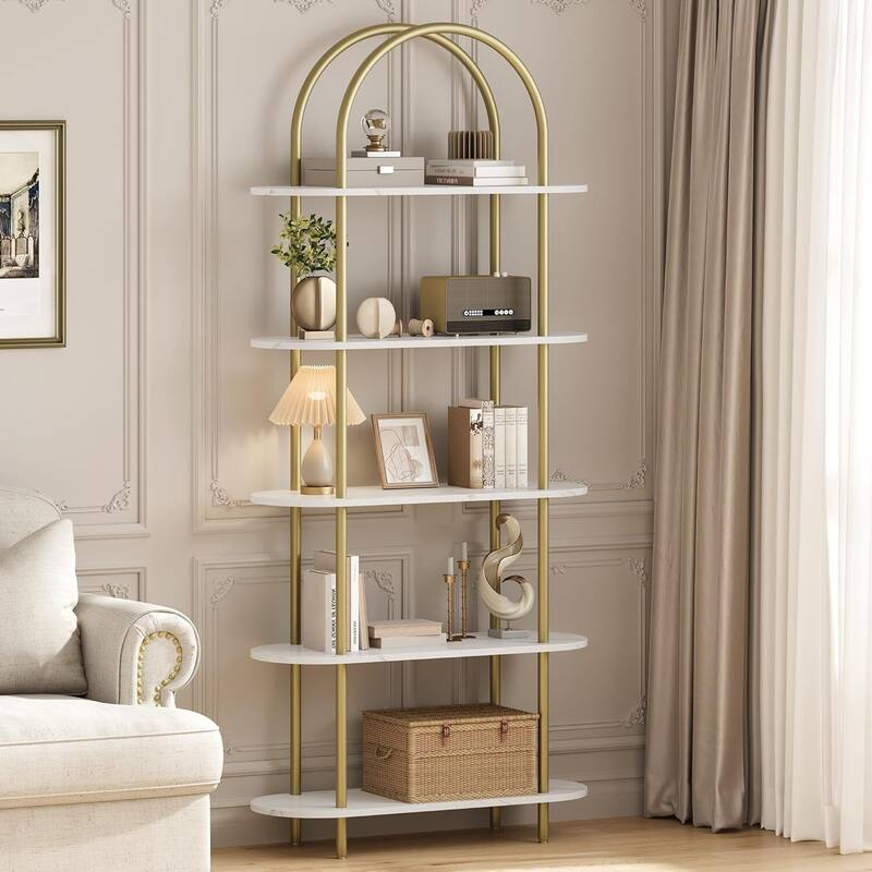 5-Tier Freestanding Metal Frame Bookcase. Open Storage Rack for Living Room, Bedroom - N/A - White